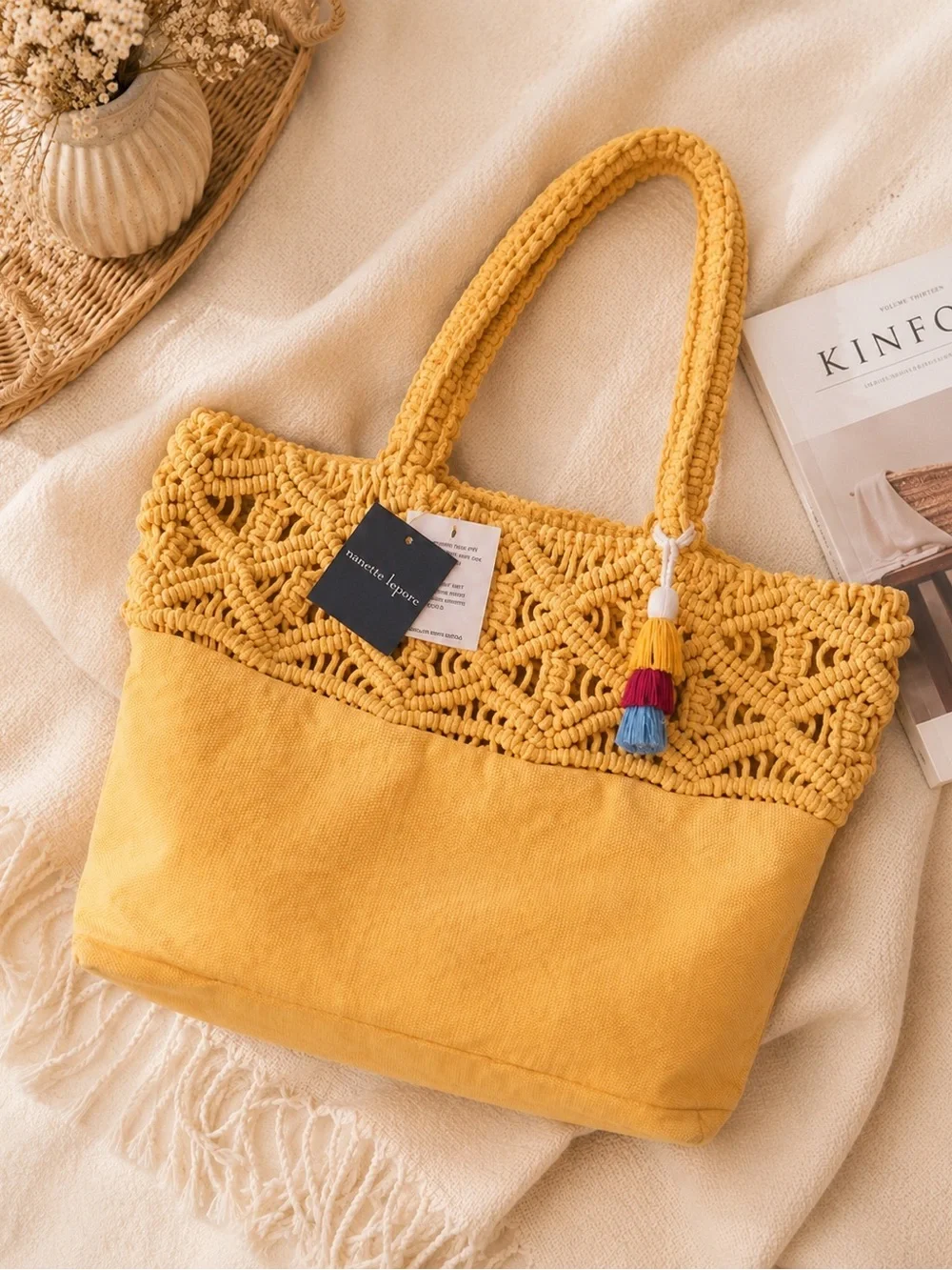 Nanette Lepore Mustard Yellow Macramé & Canvas Tote with Multicolor Tassel